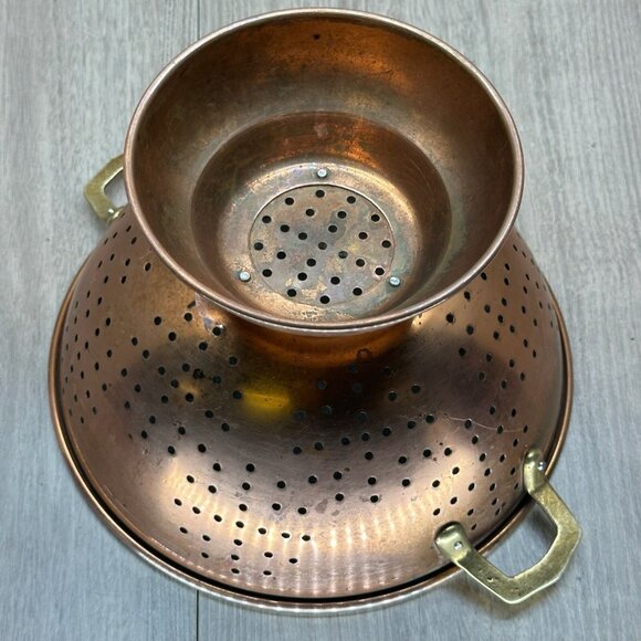 VTG Colander Copper w/ Brass Handle Footed Pedestal Strainer Rustic 9" - Picture 6 of 9